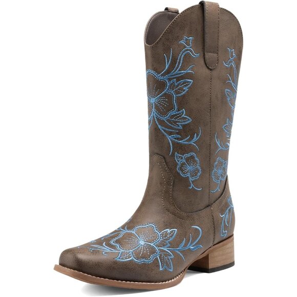 Dream Pairs Shoes - Dream Pairs Women's Dark Brown  Cowboy Boots Square Toe Embroidered Mid Calf